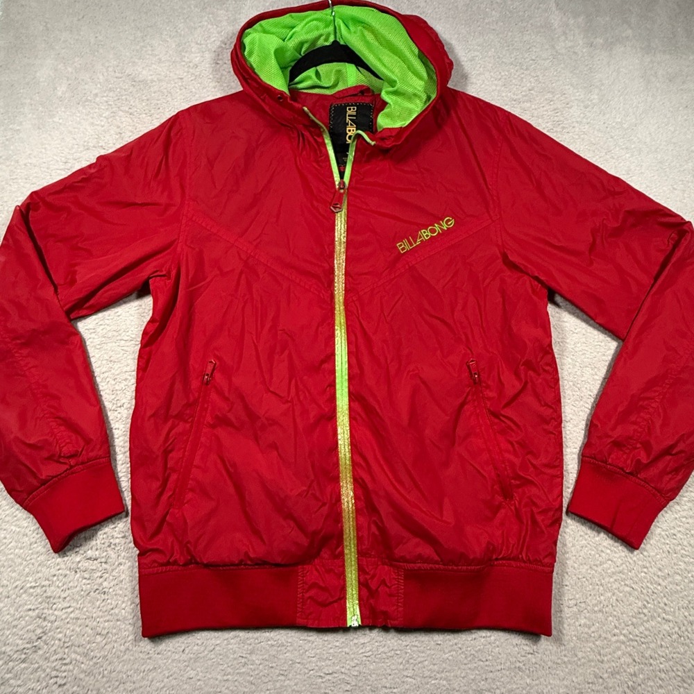 Vintage Y2K Billabong Windbreaker Jacket Mens S Red Neon Green Surf Skate Retro